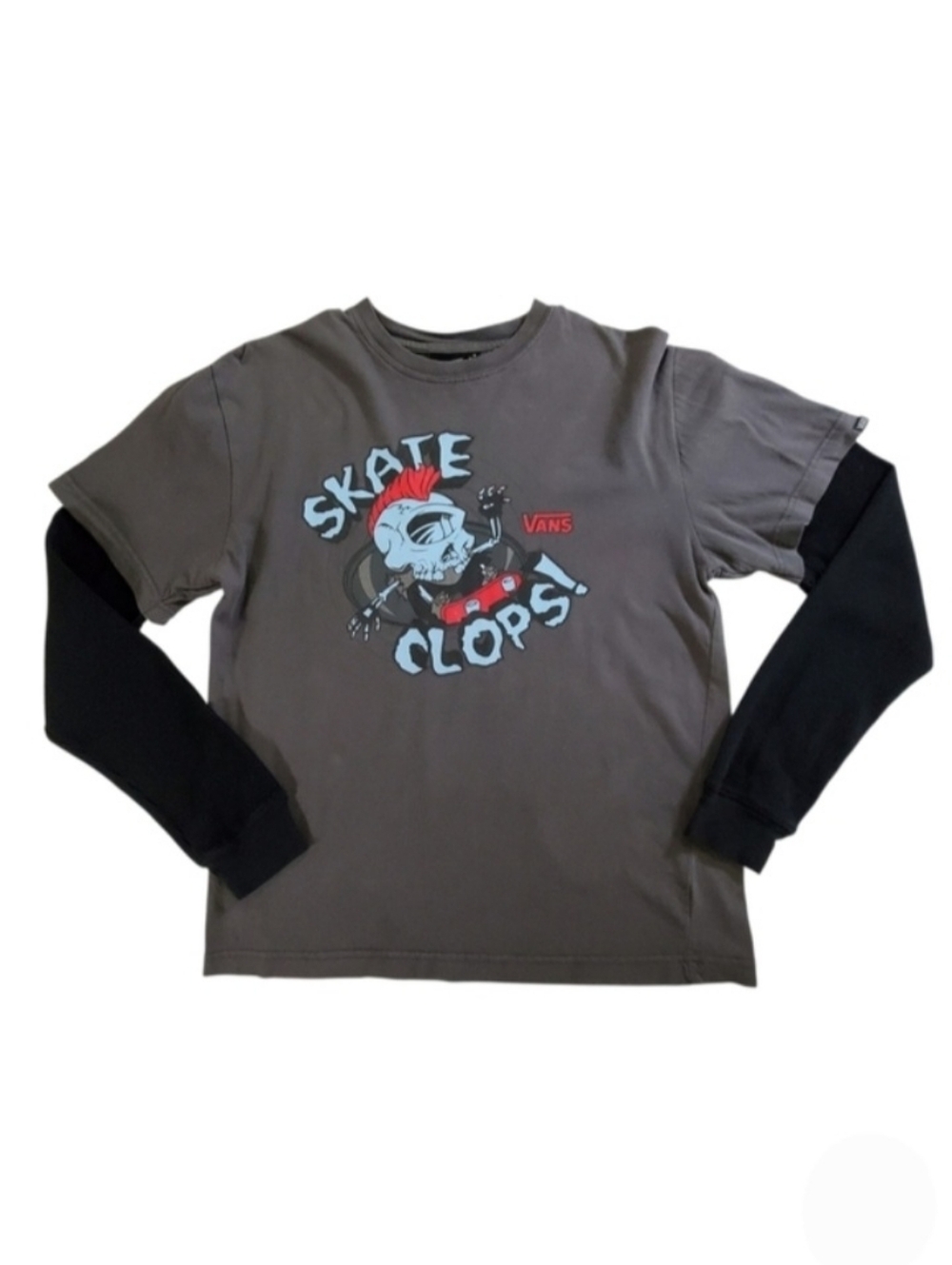 2506 * Vans Boys Skate Clops Graphic Layered Long Sleeve Tee Gray Black Size M - Picture 1 of 8